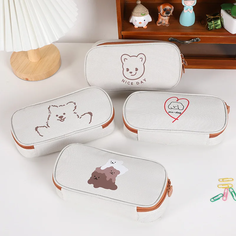 

Ins Korean Milk Coffee Color Bear Pencil Case Cute Large-Capacity Niche Canvas Junior High School Students Simple Students