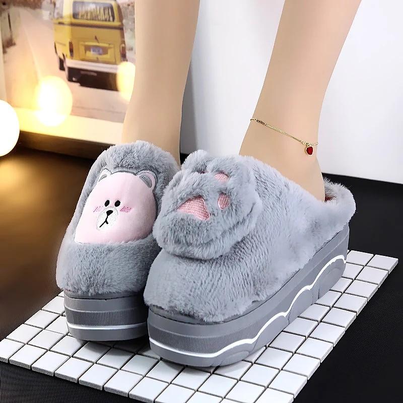 Женские меховые тапочки Зимние теплые хлопковые на толстой платформе 5 см с