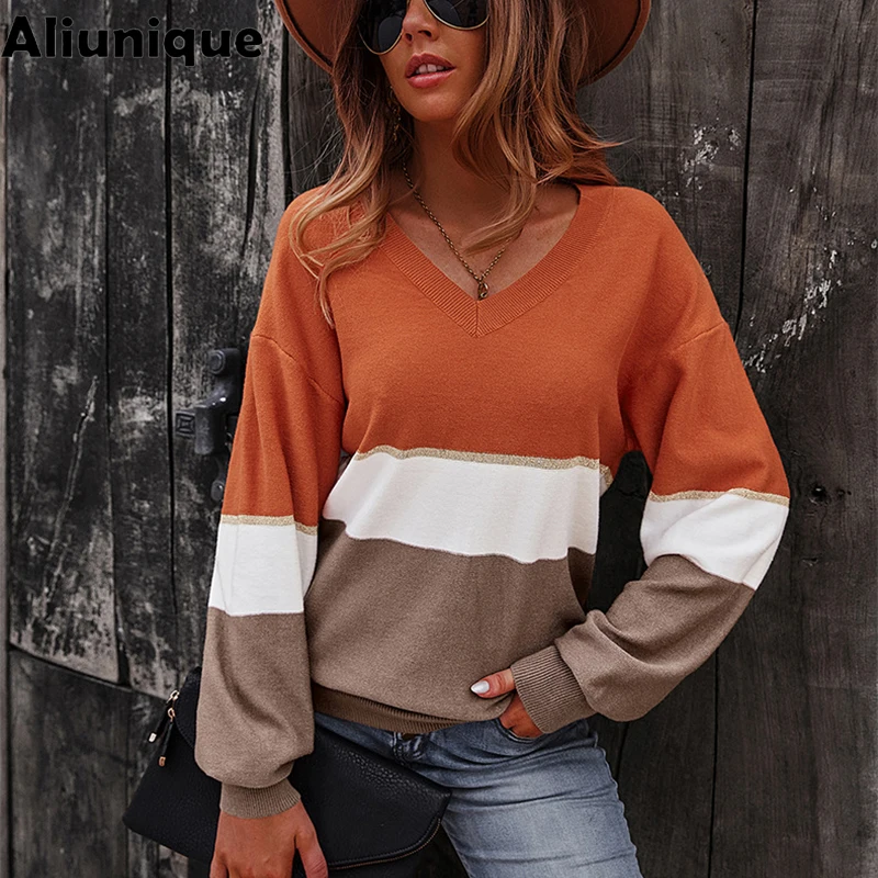 

Aliunique Autumn New Long-sleeve V-neck Knitting Sweater For Women 2021 Fashion Design Lady Splicing Comfortable Casual Tops