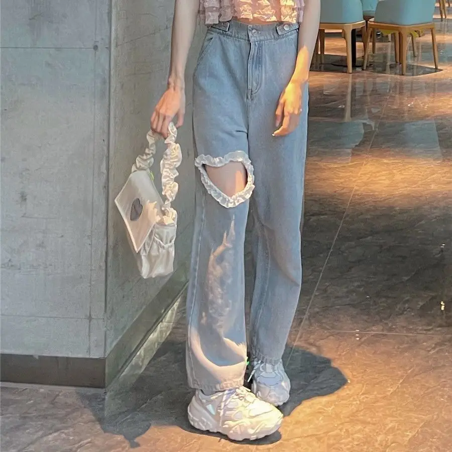 

Summer Korean Version Of Harajuku New Lace Stitching Jeans Women's Love Hole Streetwear Wide-leg Pants High-waist Trousers