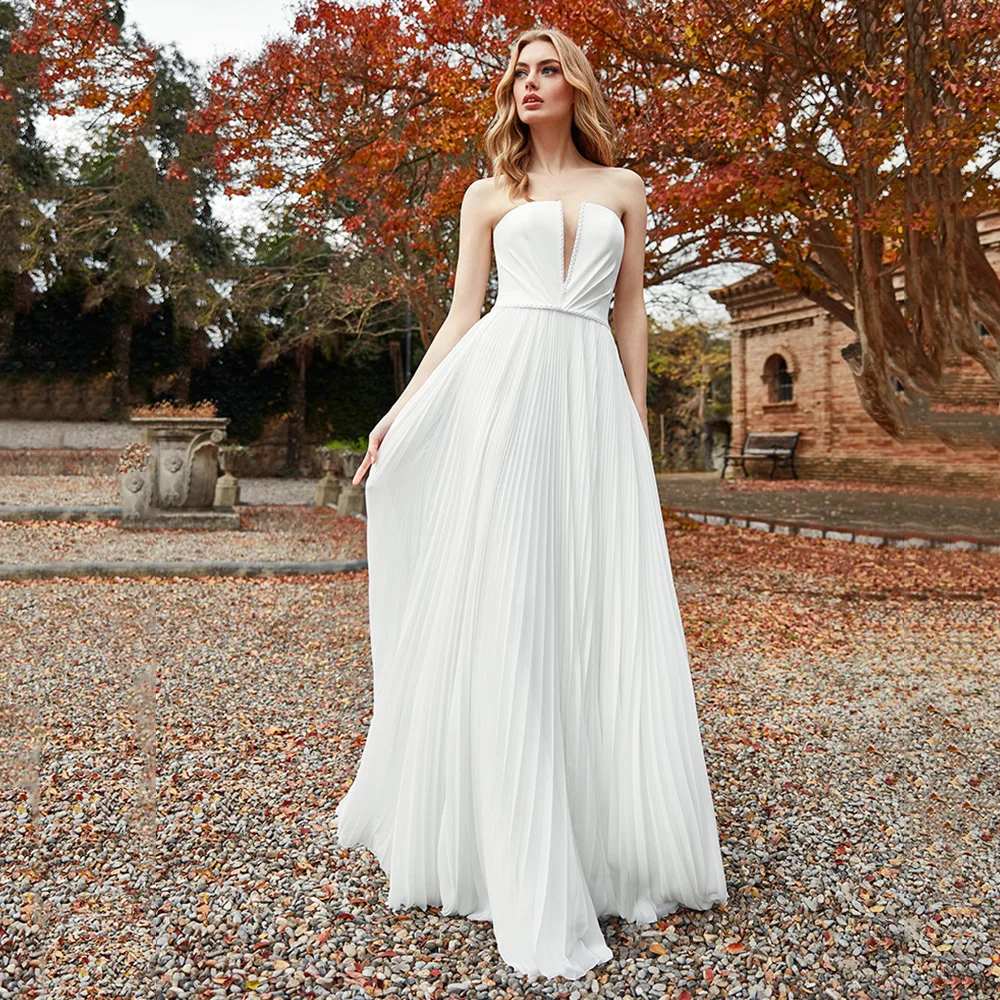 

Wedding Dress Sexy V Neck Bridal Gown Chiffon Modest A Line White Floor Length Robe De Soiree Sweep Train Sleeveless Zipper