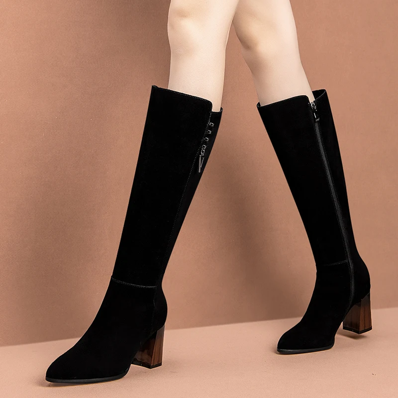 Женские сапоги до колена на Высоком толстом каблуке из натуральной замши женские