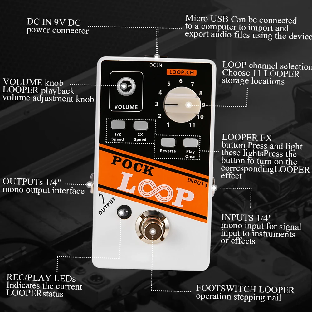 Педаль гитарного эффекта ammoon POCK LOOP Looper 11 лазеров время записи до 330 минут