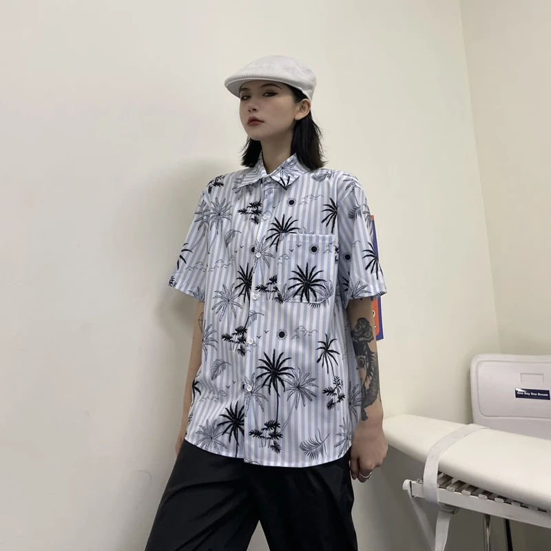 

Polo Shirt Chiffon Loose Plus Size Women's Blouses New Casual Blouse Fashion Short Sleeve Tree Print Button Top Summer 30061