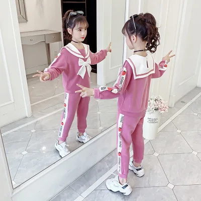 

New cute girl child spring and autumn suit stitching bow print sweet two-piece suit in big kids fashion trousers