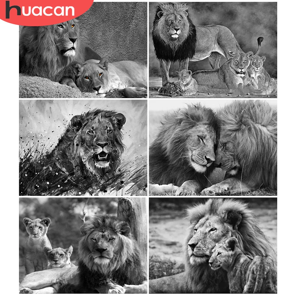 

Алмазная живопись «сделай сам» HUACAN, вышивка с животными, Лев, полноразмерная мозаика, вышивка крестиком, черно-белый домашний декор