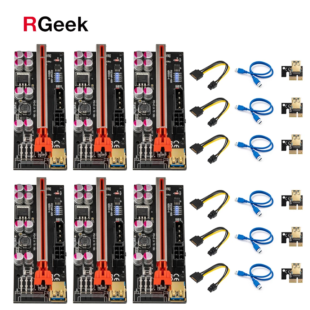 

RGEEK 6pcs Riser 010 USB 3.0 PCIE PCI Express X16 Extender Adapter 010S Plus GPU Riser Card SATA 15pin to 6pin Power Marquee LED