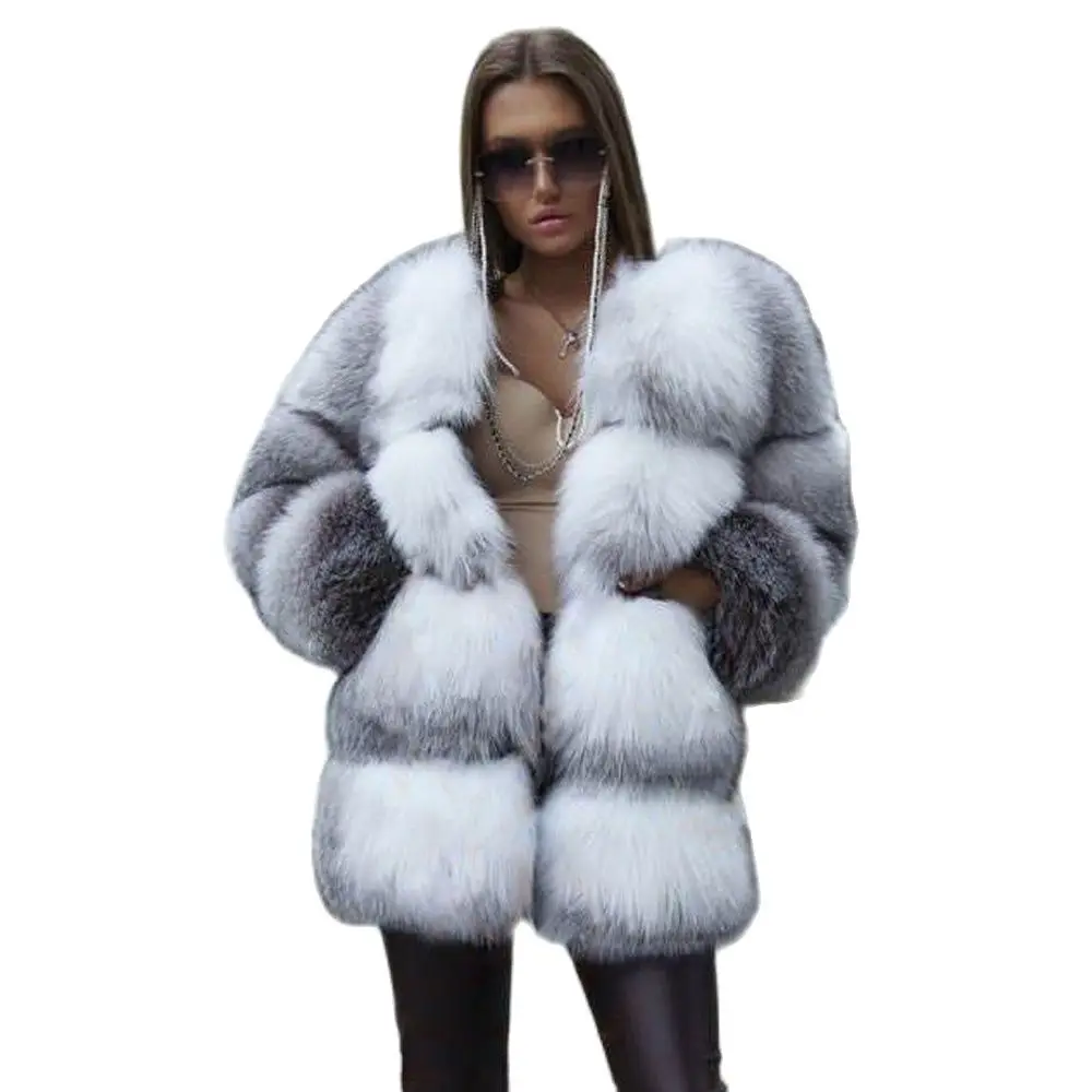 Mid-length Natural Cross Fox Fur Jacket Round Collar Winter Fashion Woman Whole Skin Genuine Fox Fur Coat Female Outwear Trendy