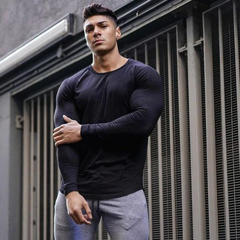 

Spring Solid Fitness Long Sleeve T Shirt Men Autumn Cotton Slim Fit Sports T-Shirt Man O-neck Tee Shirt Gym Bodybuilding Tshirt