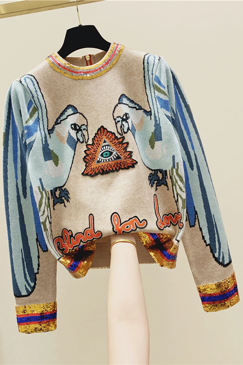 

Fashion Pattern Sweater Women Sequined Stereo Parrot Embroidered Back Zipper Sweater Gold Long-Sleeve Round-Neck Sweaters Jumper