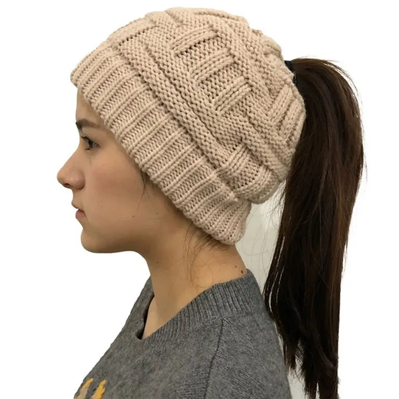 Мягкая трикотажная Женская шерстяная шапка для хвоста растягивающаяся вязаная