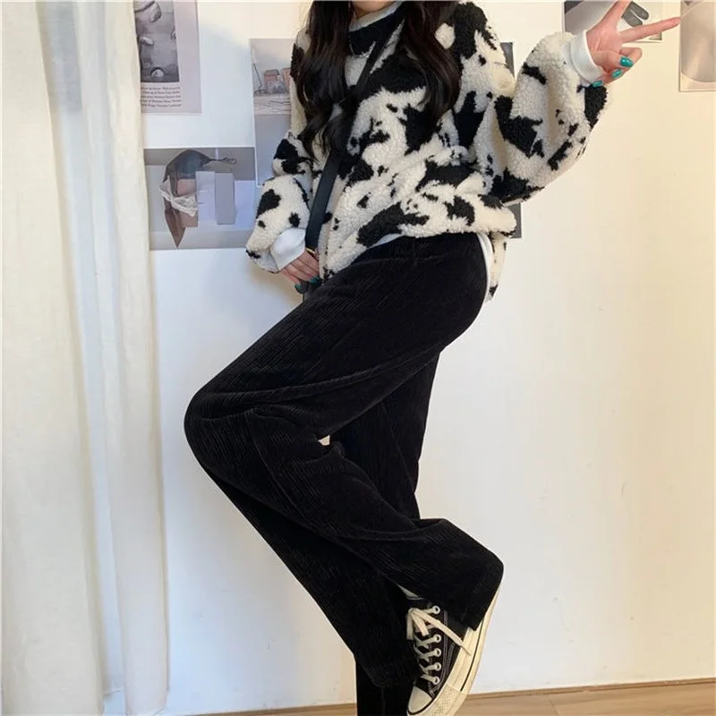 

Casual Pants Women Straight Side-slit Ulzzang Full Length Spring Elegant Pleated Female Simple Solid Daily High Waist All-match