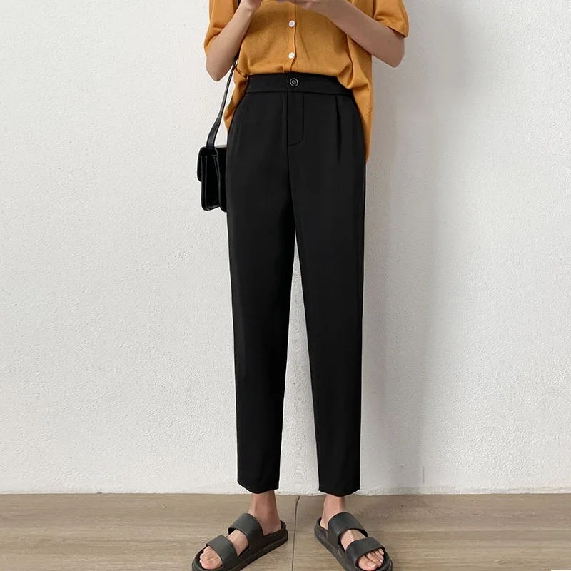 Black Suit Long Pants Woman 2021 Harlan Pants Pockets Office Work Ladies Pants Trousers Elegant Zipper Pocket Solid Pencil Pants