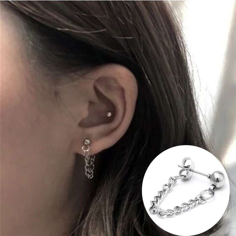 Silver Color Chain Pentagram Square Triangle Circle Round Stud Earrings Gifts Bead Minimalist Simple Stainless steel | Украшения и