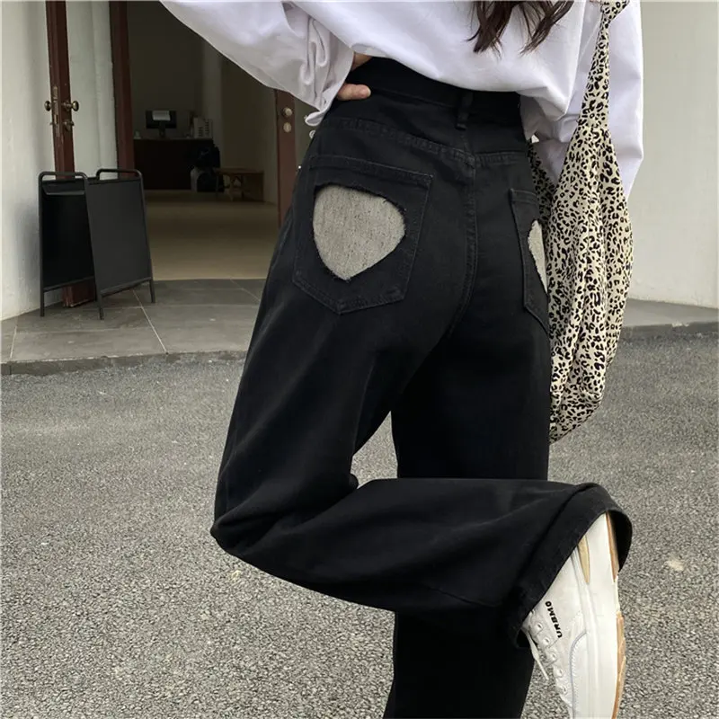 

HziriP High Waist All Match Hearts Streetwear Women Light Washed Casual Straight Plus Size Denim Pants Loose Wild New Trousers
