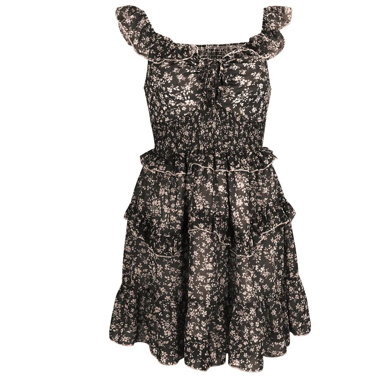 

2021 New Spring Summer Women's Spaghetti Srtap Print Chic Dress High Waist Fashion Casual Ladies Floral Vacation Style Dress