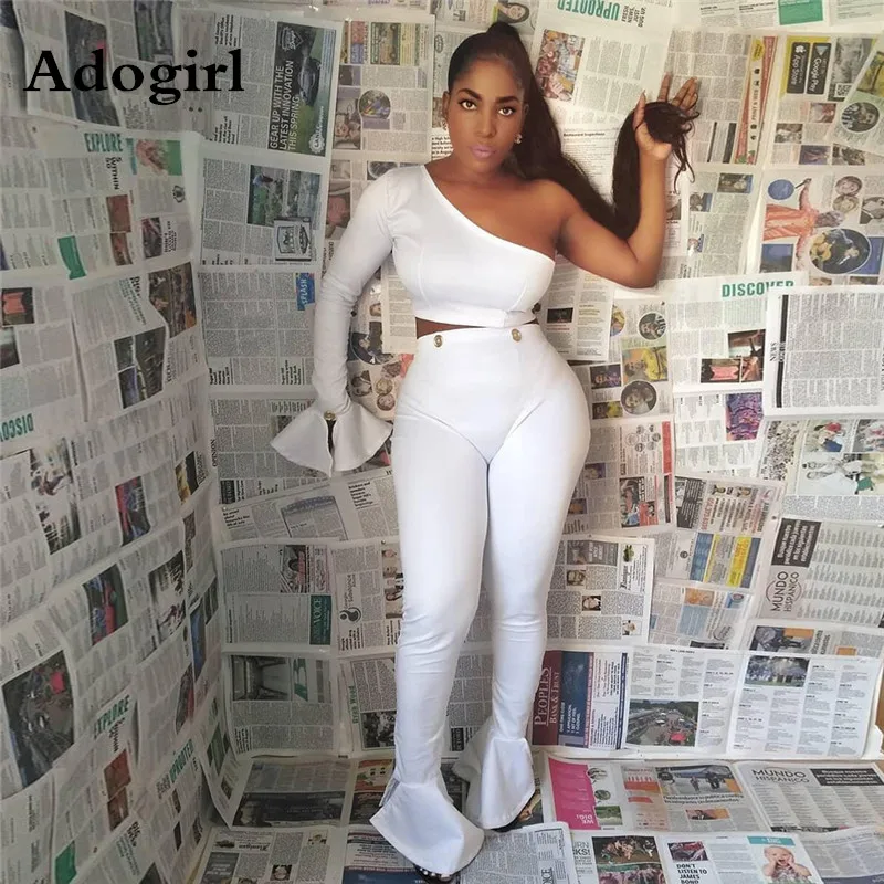 

Adogirl Autumn Women One Shoulder Flare Long Sleeve Tee Top +Wide Leg Pants Suit Two Piece Set Sexy Party Tracksuit Outfits