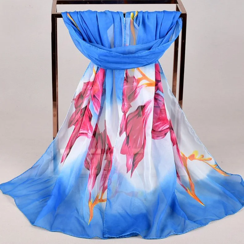 2020 FAL/WIN Gradient lily flower chiffon scarf silk square hijab cool shawl ladies foulard femme Scarves hair bufanda mujer |