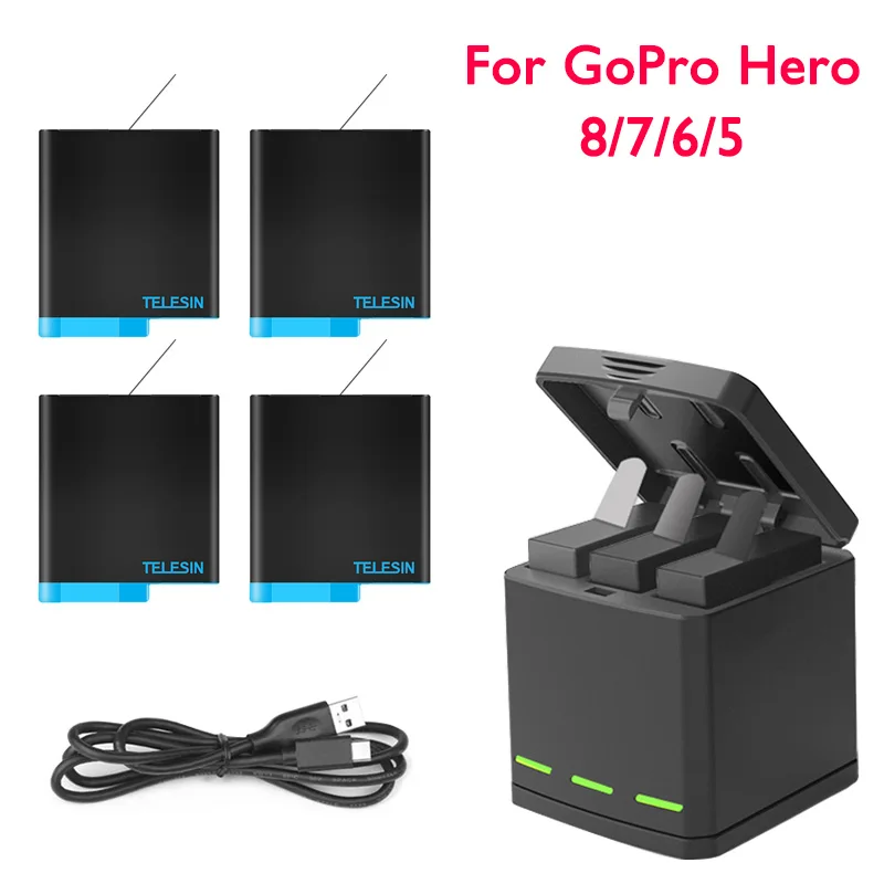 

Smart Charger For GoPro Hero 8 7 6 5 Li-ion Battery Charging Case Type-C Cable LED 3 Way Storage Box Sport Camera Accessories