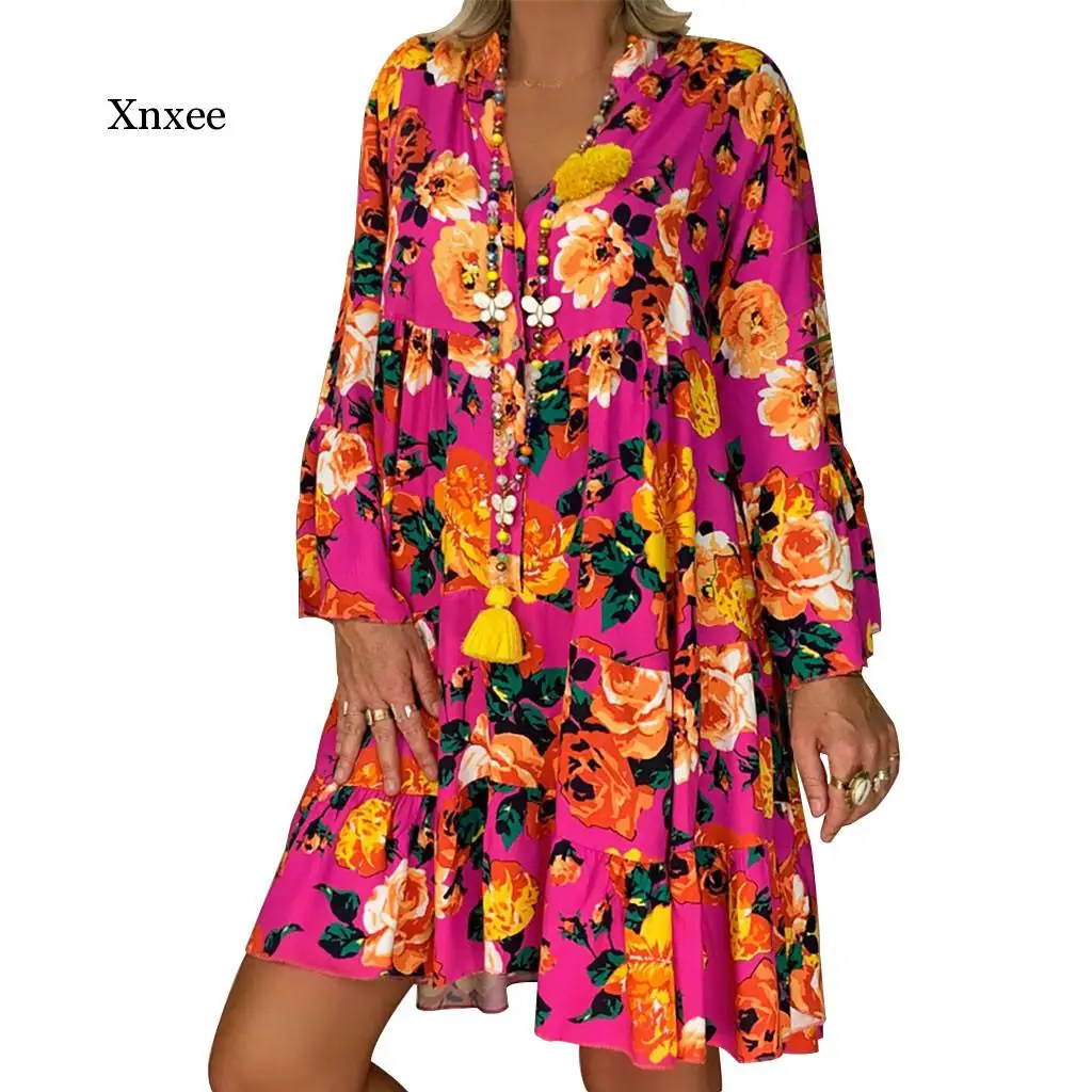 

Fuchsia Women Dress floral print Vintage V-Neck Mini Dress Casual Loose Long Sleeve Elegant Boho Dress Summer Autumn Vestidos