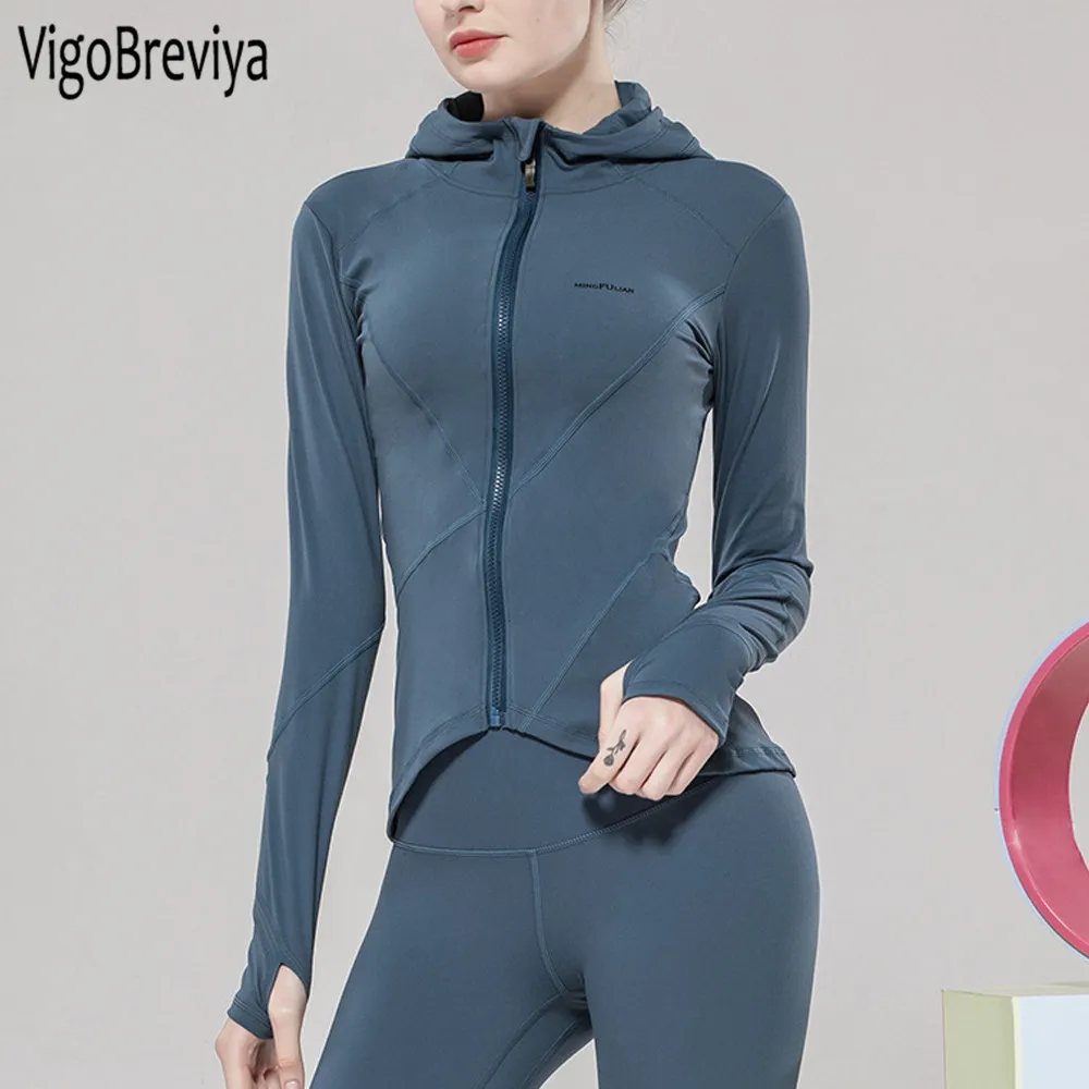

Женские топы с длинными рукавами vigoкоротya для йоги, спортивные футболки на молнии с капюшоном, быстросохнущая рубашка для занятий в спортза...
