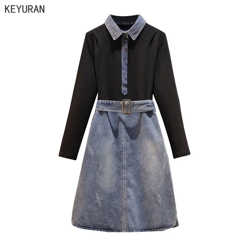 Лоскутное джинсовое женское платье с длинным рукавом средняя талия поясом