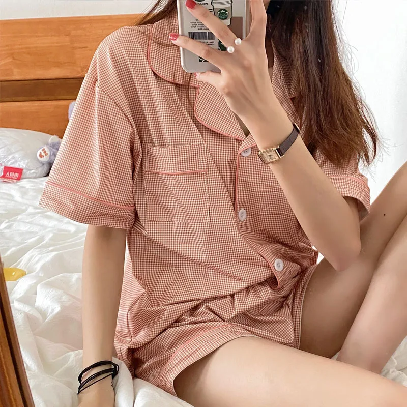 CAIYIER Women's Pajamas Suit Summer Shorts Korean Checked Print Short Sleeve Kawaii Sleepwear 2Piece Set Plaid Leisure Nightgown