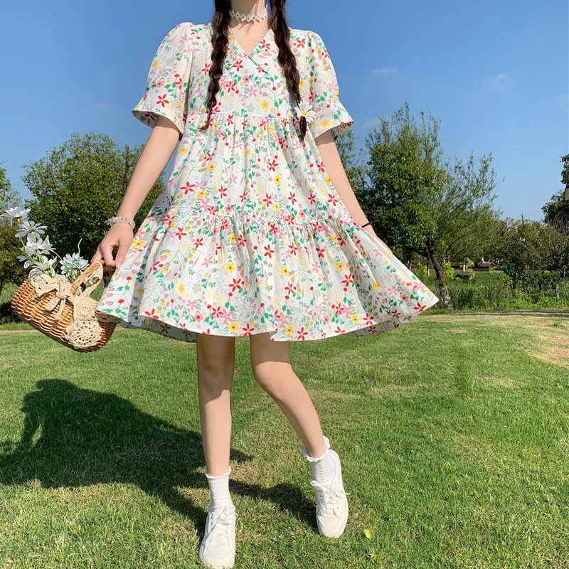 

New Floral Dress Mori Girl Cute Peter Pan Collar Loose Vintage Dress Women Kawaii Sweet Short Sleeve Print Babydoll Summer Dress
