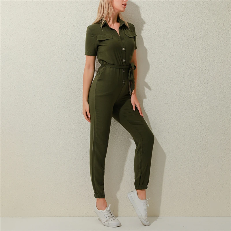 

Women Summer Deep V Neck Short Sleeve Button Shirt Overalls Solid Jumpsuit Office Lady One Piece Romper Belt