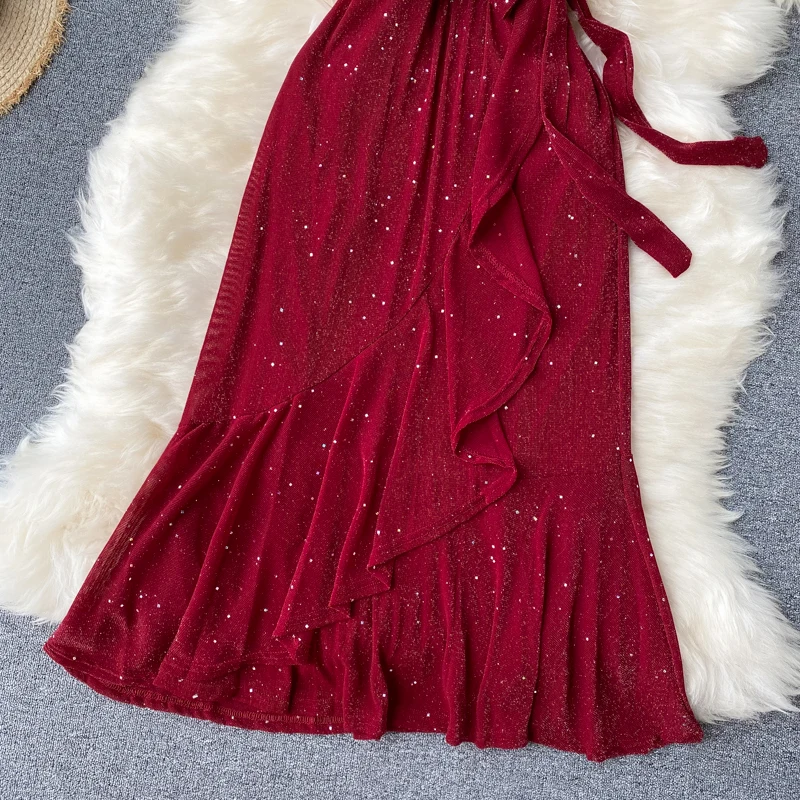 SINGRAIN Для женщин летние нерегулярные оборками платье миди отделанные блестками