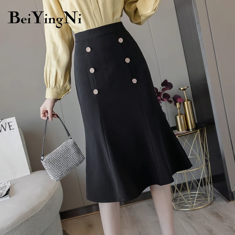 

Beiyingni Elegant Office Ladies Skirt Buttons Fashion Slim Mermaid Skirts Womens Autumn High Waist Plus Size Casual Saias Faldas