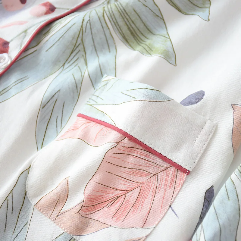 Осенняя новинка Женский пижамный комплект с цветочным принтом полный хлопок