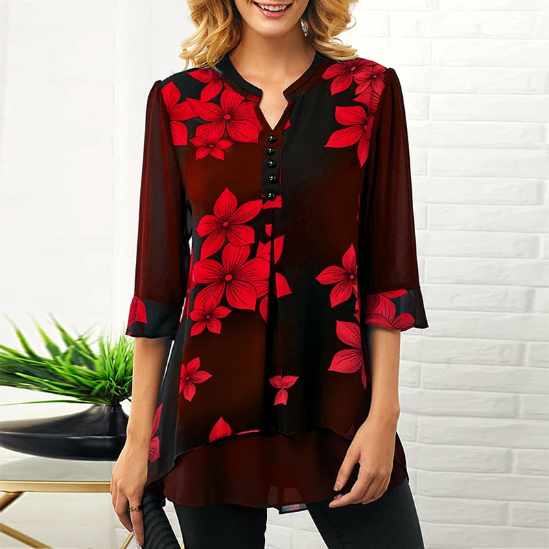 Винтажная Женская туника с цветочным принтом повседневная 5XL размера плюс