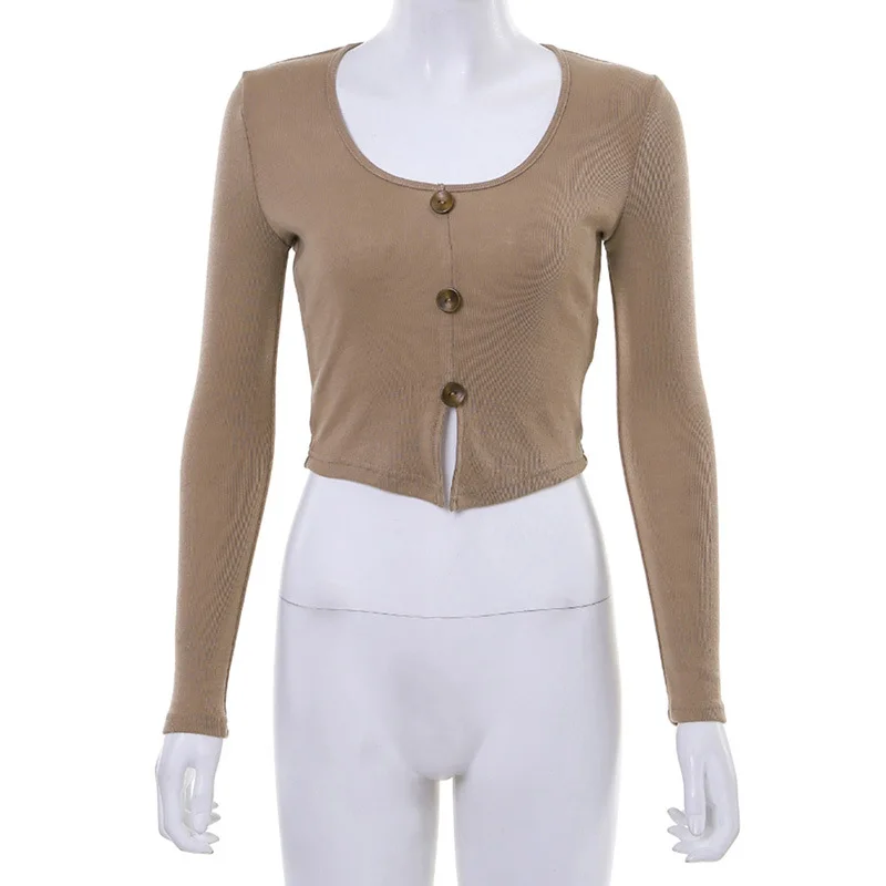 Streetwear Button Front Ribbed Knit U-Neck Single-breasted Crop Tee Autumn Lady Workwear Women Long Sleeve Short Tshirt Top Chic | Женская