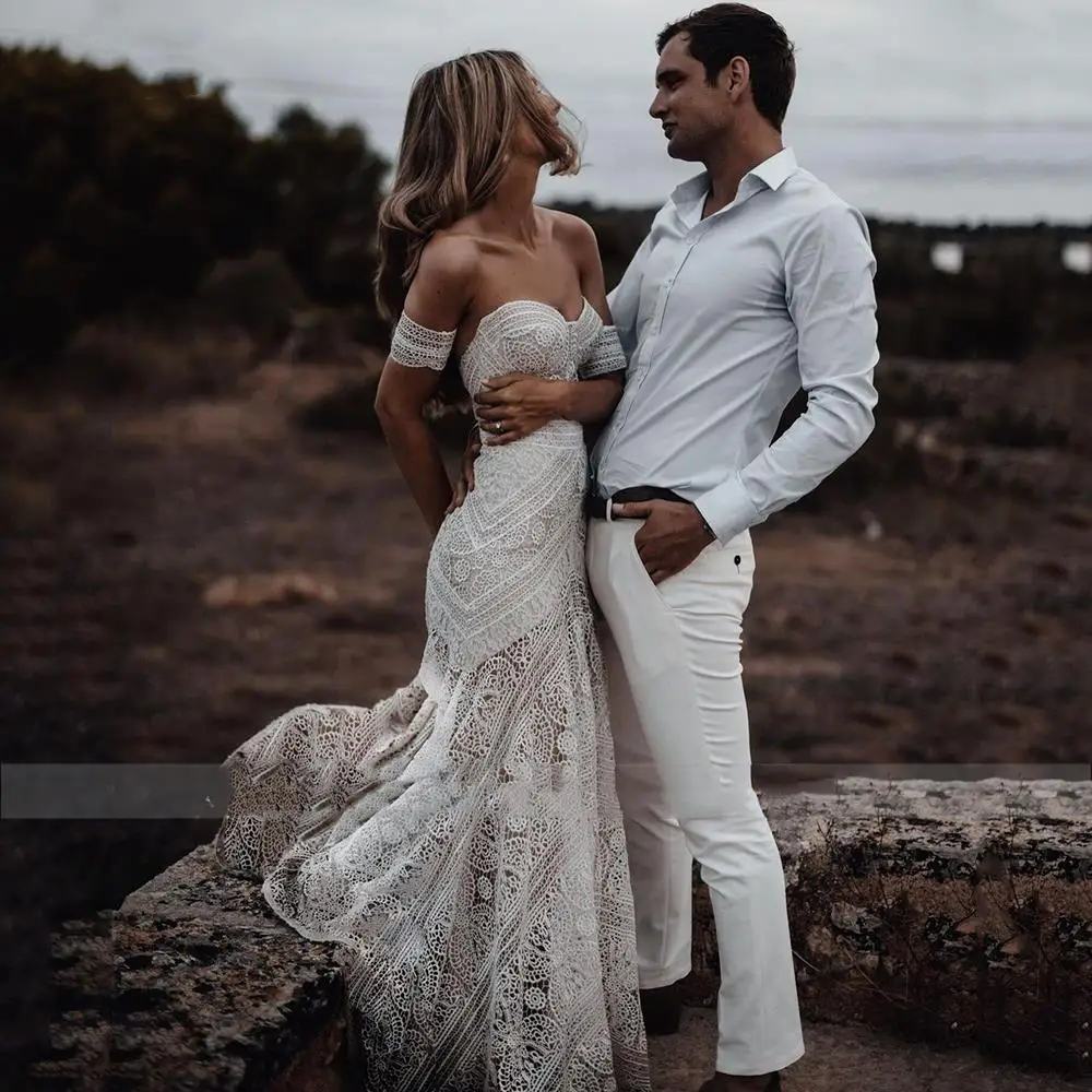 cheap wedding dresses Boho Mermaid Lace Wedding Dresses 2021 Off the Shoulder Trumpet Bridal Gowns Long Beach Wedding Gowns For Bride vestido de novia summer wedding guest dress