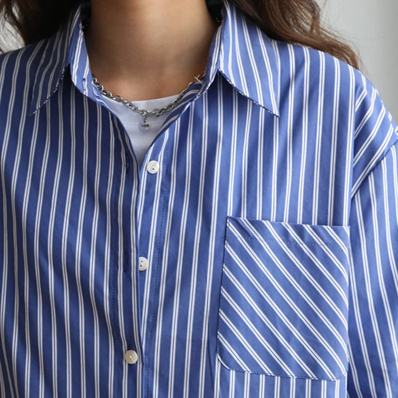 

Blue Stripe Suntan Shirts Female 2021 Spring Autumn Vintage Harbor Flavor Versatile Long Sleeve Loose Medium Long Shirt Jacket