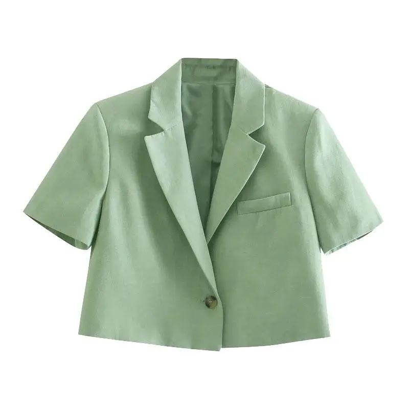 

2021 Women Fashion Single Button Linen Cropped Blazer Vintage Shorts Sleeve Female Outerwear Chic Veste Femme