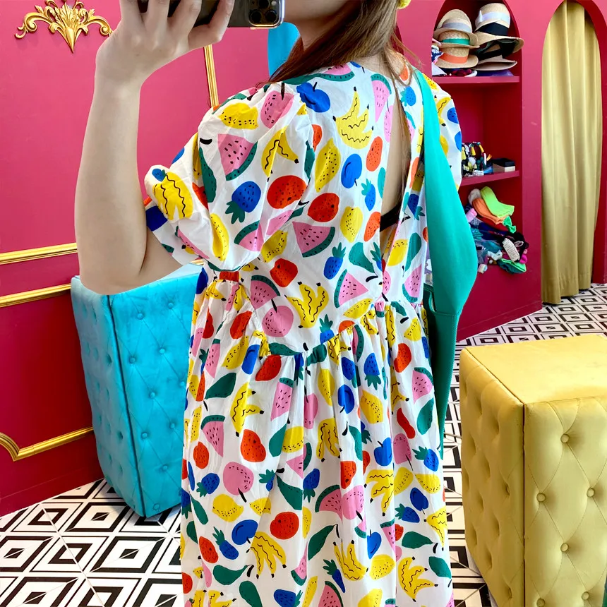 SHENGPALAE 2021 New Summer Women Vintage Loose High Waist Slim Was Thin Elegant Fruit Printing Big Swing Maxi Dress ZA4803 | Женская