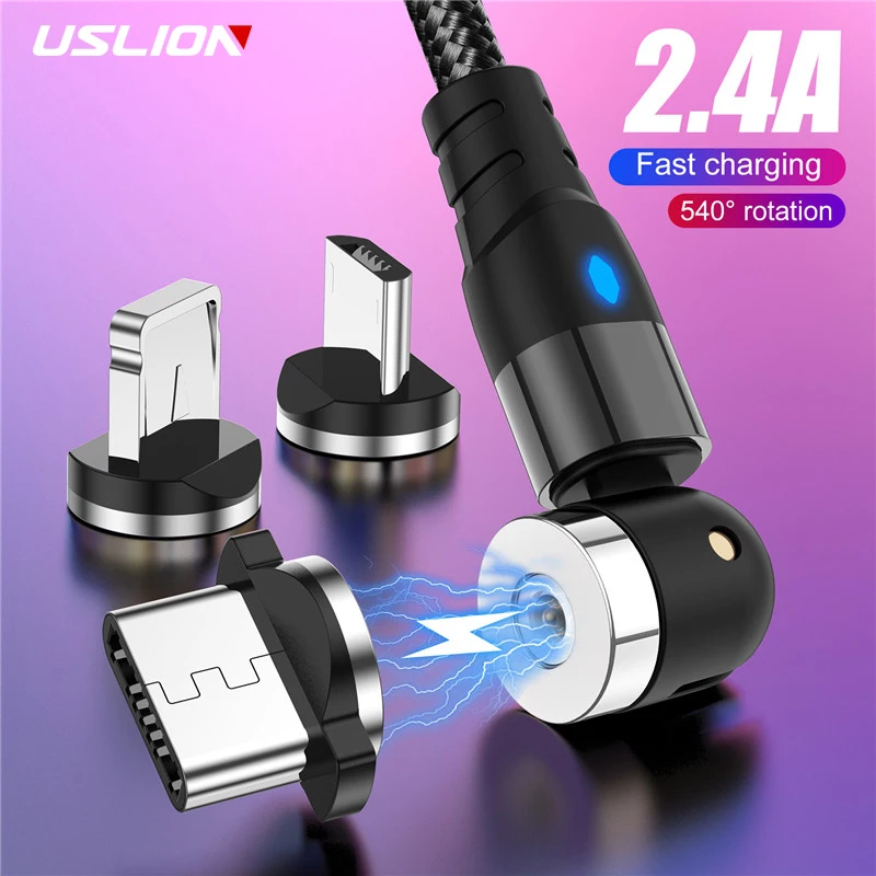 Магнитный кабель USLION LED Micro USB Type C алмазная лампа для iPhone 8 7 Plus Xr 11 Pro Xiaomi с вращением