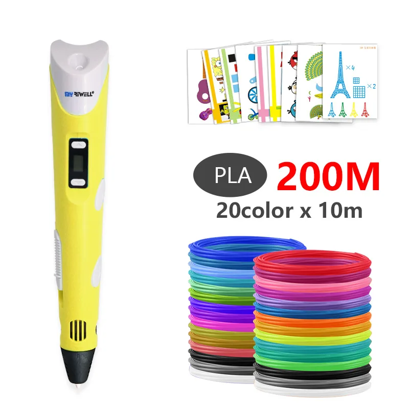 Yellow with PLA 200m Myriwell abs 3d pen 3d pens 3d ручка 3д ручка 3d для объёмного рисования LCD дисплей,1.75мм pla пластик нить 3d печать ручка 3д ручку 3d ручка Сделай сам подарок детских подарков - Цвет: Yellow with PLA 200m