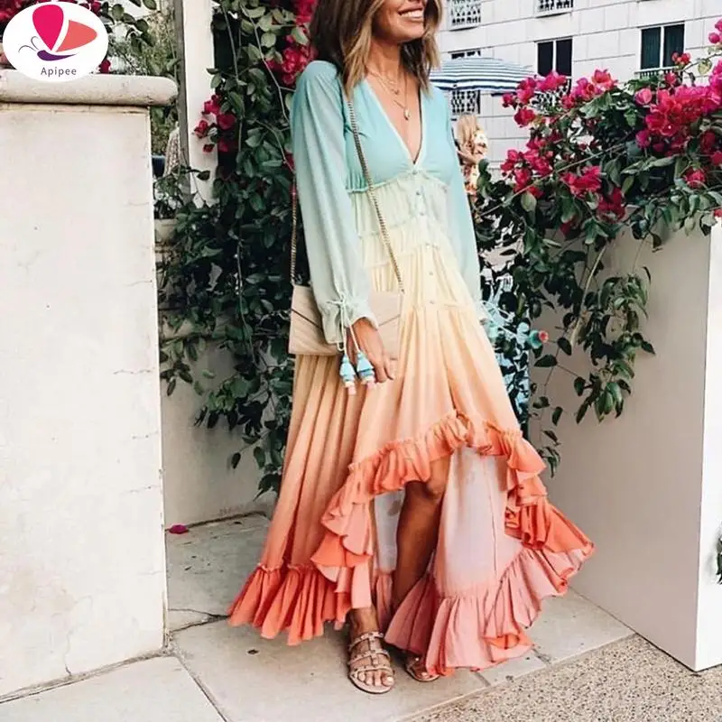 

Женское летнее платье макси в стиле бохо с радужными градиентами, модное пляжное платье с длинным рукавом, свободное Повседневное платье с ...