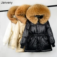 janveny winter female parkas 90 white duck down jacket large real raccoon fur collar hooded warm womens feather coat outwear
