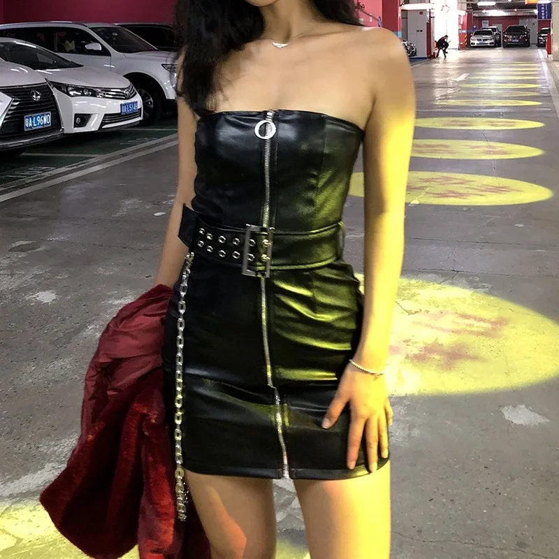 

Women Summer Sexy Black Dress Night Club Party PU Leather Metal Chain Bodycon Dress Female New Fashion Black Pencil Mini Dress