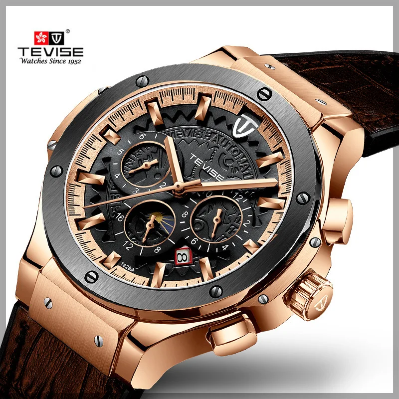 

TEVISE Men's automatic mechanical watch Leather belt fashion waterproof watch