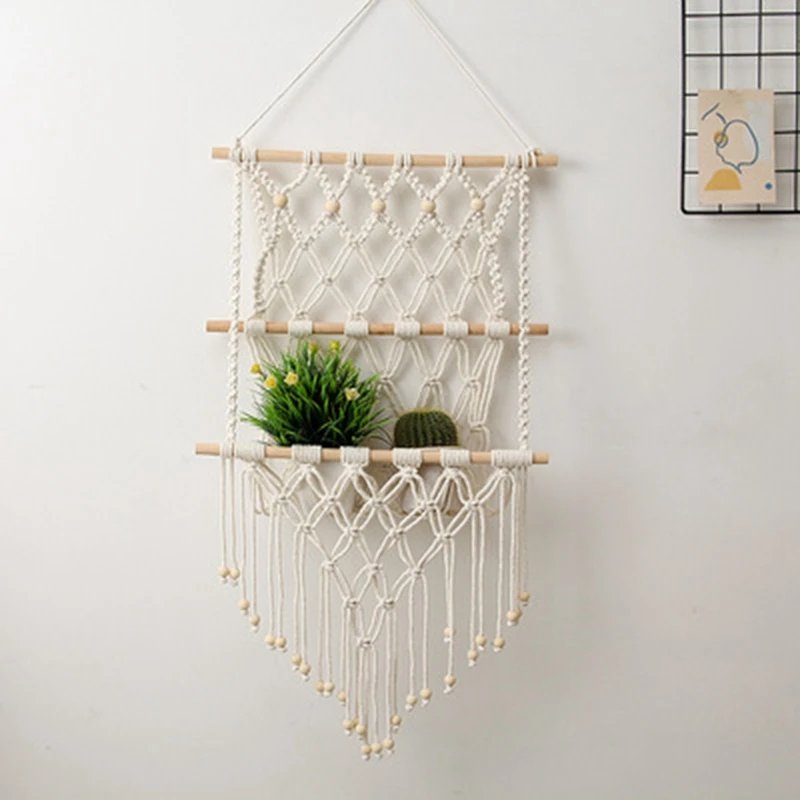 

Hand Woven Storage Rack Macrame Tapestry Book Magazine Net Pocket Rack for Boho Decor Ornament Living Room Wooden Bead