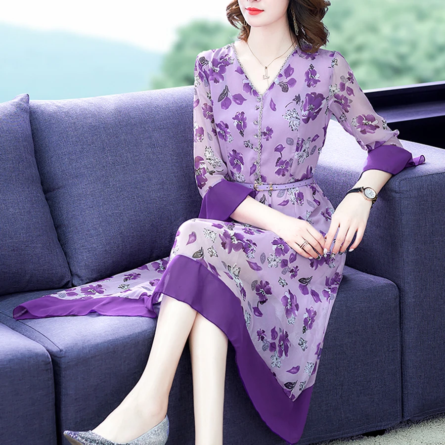 2020 винтажное фиолетовое шифоновое платье миди с цветочным рисунком осень зима 3XL