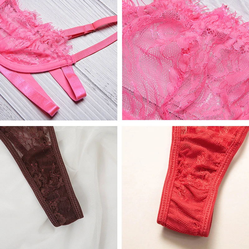 

Women Lace Stitching Erotic Lingerie Set Sexy Mesh See-Through Hollow Ladies Lingerie Halter Bra High Waist Briefs 2 Pieces Set