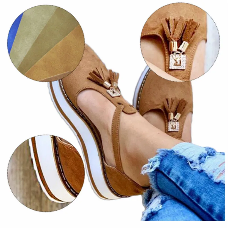 

New Women Summer Sandals Fashion Buckle Strap Solid Fringe Cover Heel Flat Platform Heel Casual Ladies Plus Size Sandals