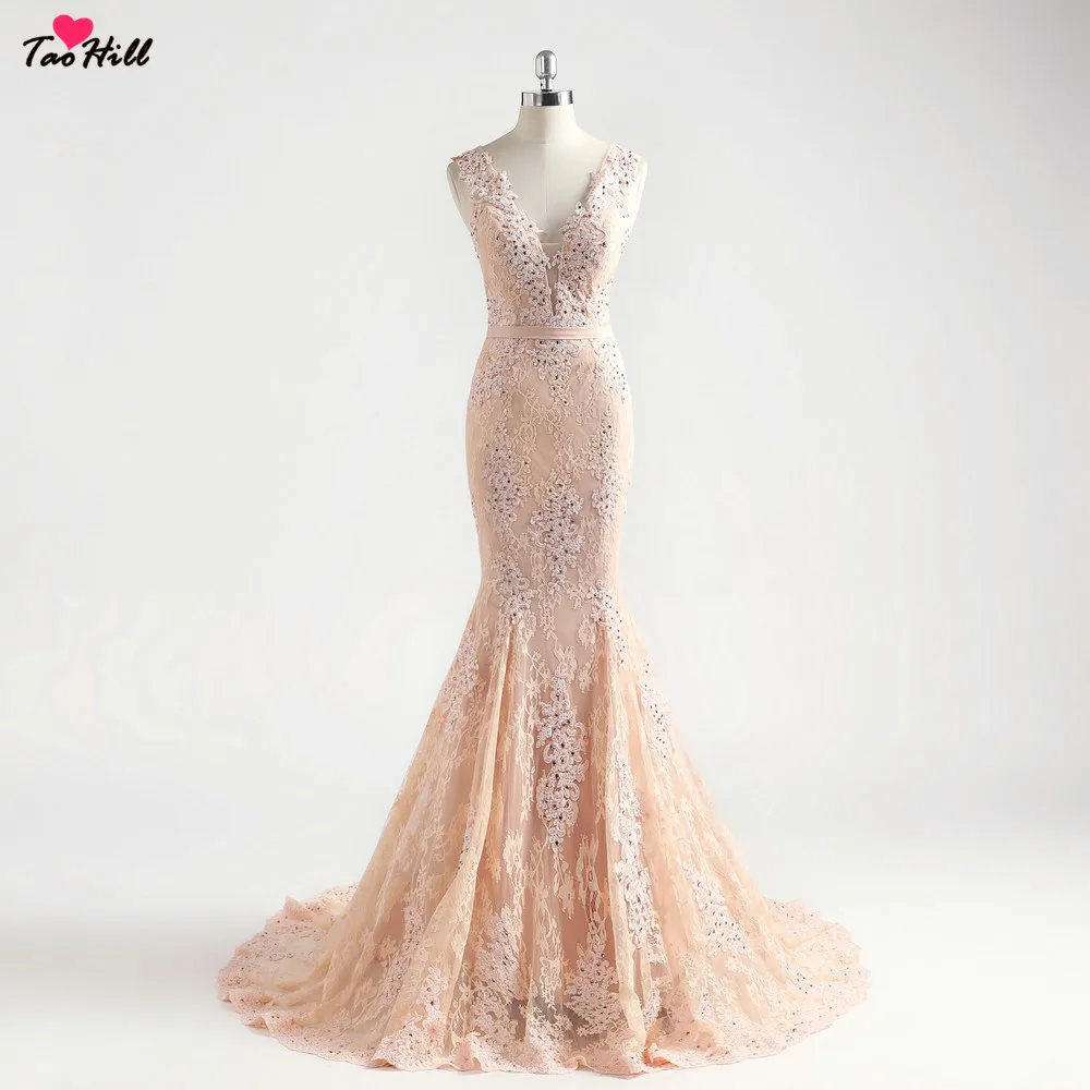 

TaoHill Dubai Mermaid Sleeveless Sexy Evening Dresses Rose Pink V-Neck Beads Evening Gowns