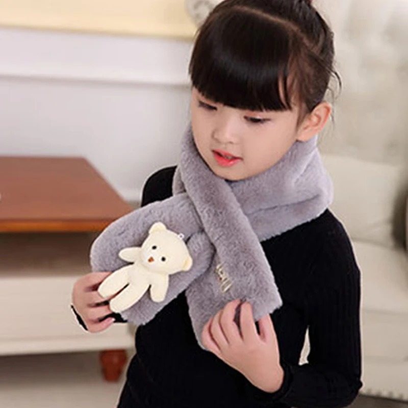 Autumn Winter Imitation Rabbit Hair Outdoor Keep Warm Scarf Solid Children's Scarf Baby Boys Girls Plush Bear Neck Warm Scarves